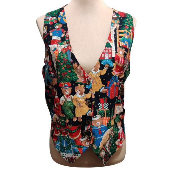 Vintage Saddle River M Holiday Vest Button Front Christmas Novelty Print Bears - Picture 1 of 9